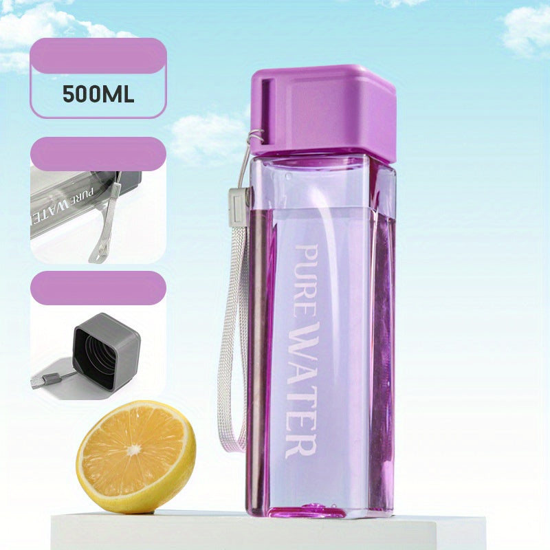 Botella de agua cuadrada de 500ml a prueba de fugas, resistente al calor, de plástico con correa para llevar, para camping, senderismo y actividades al aire libre, blanca