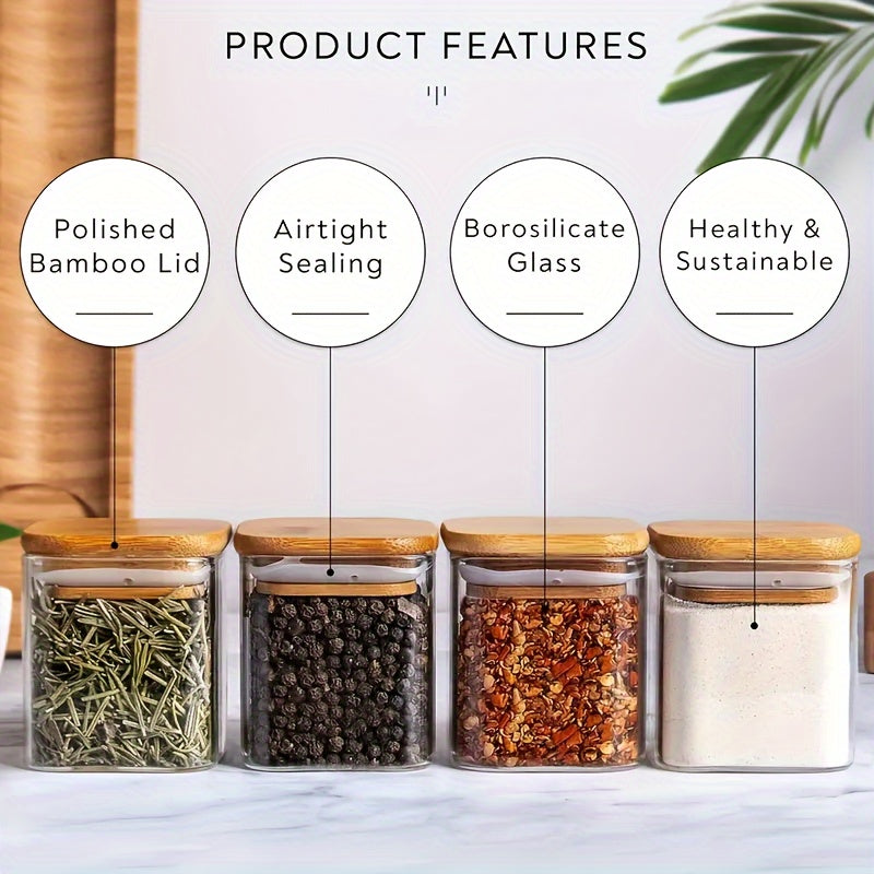 12 Glass Spice Jars Set with Bamboo Lids and Labels, Square Containers for Seasonings
