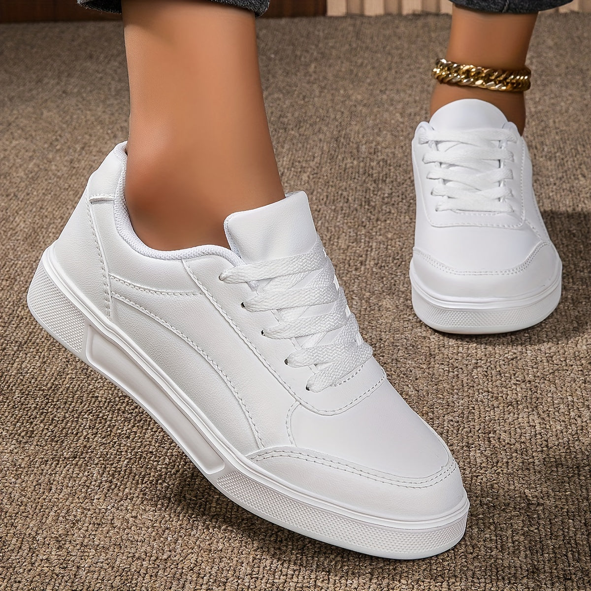 Women's White Casual Skate Sneakers Low Top Lightweight EVA Sole