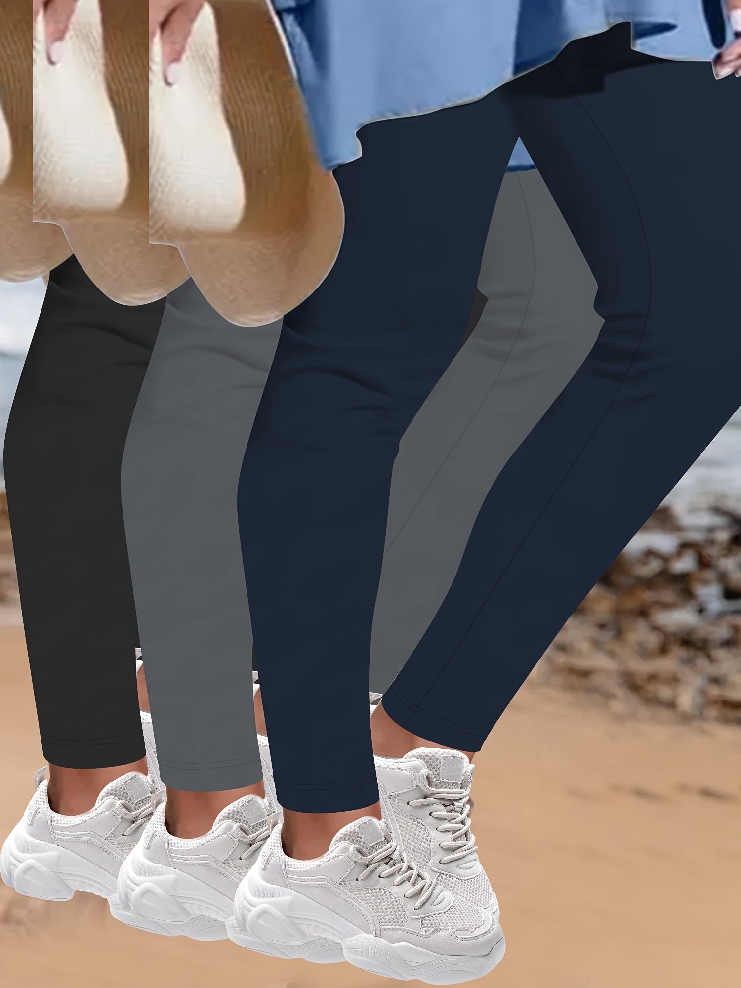 Plus Size Cropped Leggings Women High Stretch Polyester Solid Breathable 3-Pack