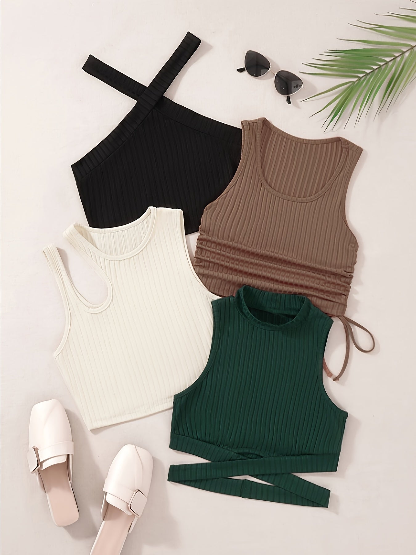 Women’s Ribbed Sleeveless Crop Top Pack Solid Knit Summer Elasticity