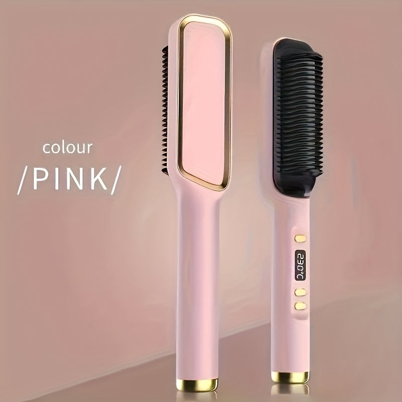2-in-1 Ceramic Hair Straightener Brush with LCD Display European Plug for Styling