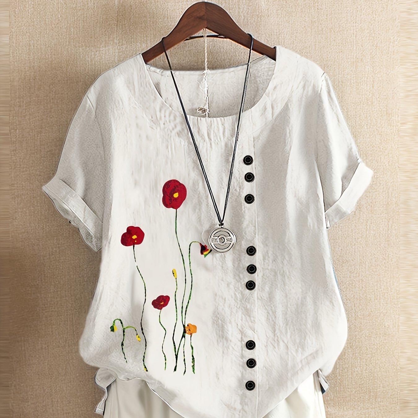 Plus Size Floral Print Blouse Soft Polyester Blend Short Sleeve Casual Top for Women