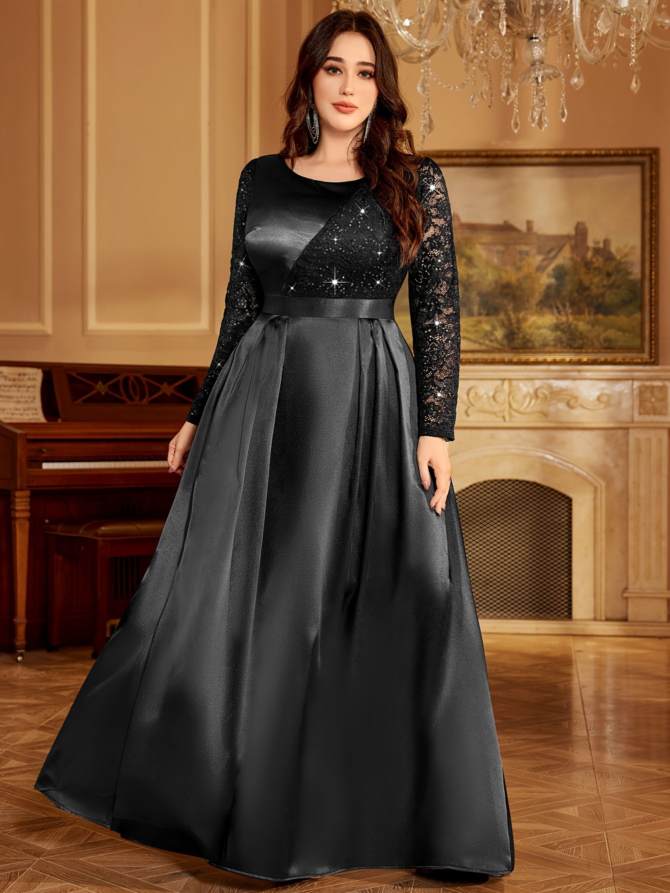Plus Size Women's Satin Lace Wedding Dress Sequin Embellished Mermaid Evening Gown