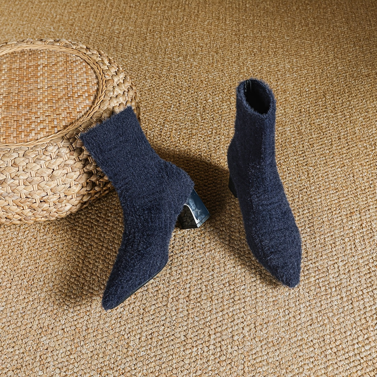 Women's Ankle Boots Knit Fabric Block Heel Slip-On Casual Styles