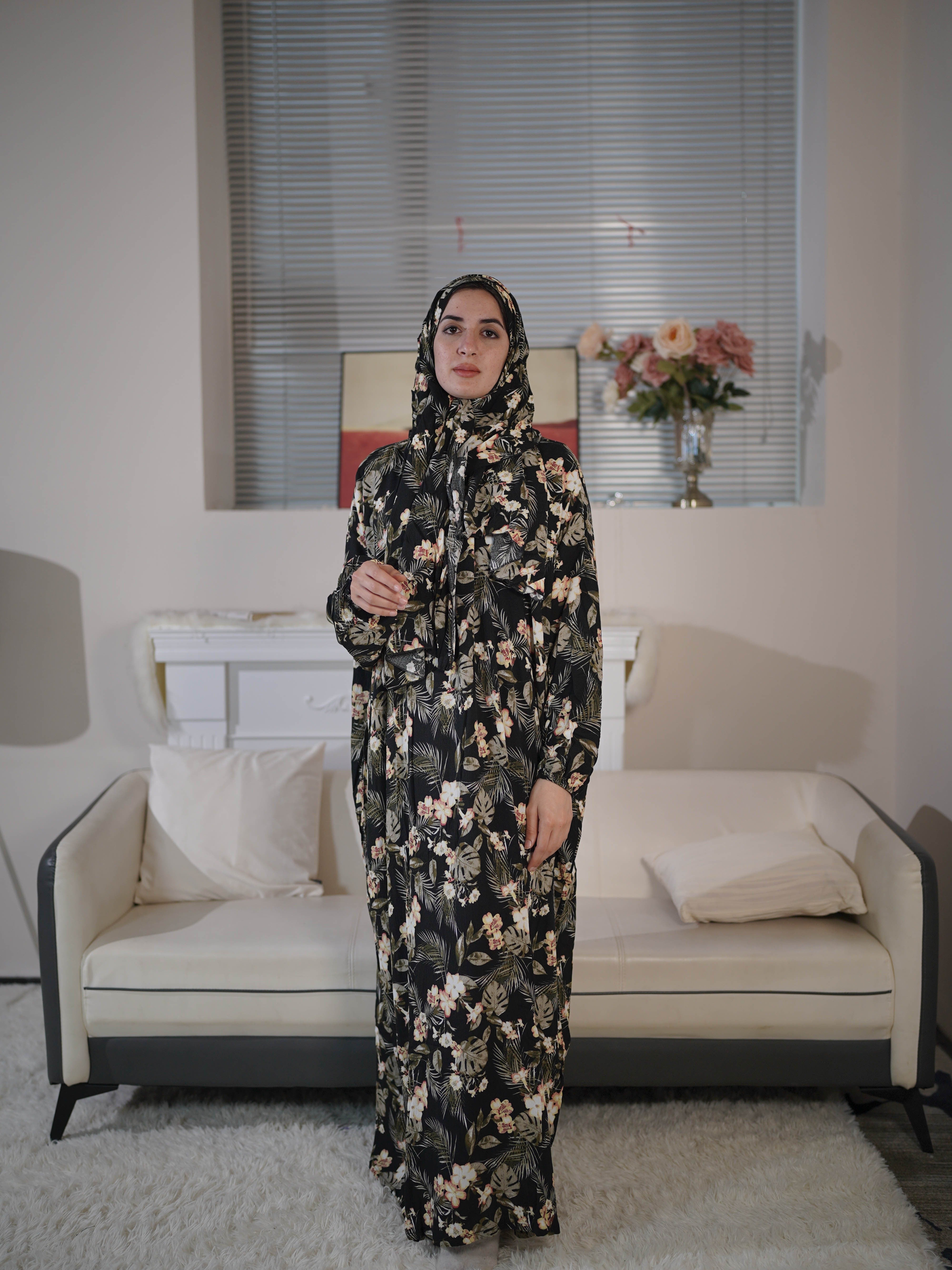 Women Rayon Floral Print Hijab Dress with Scarf Integration
