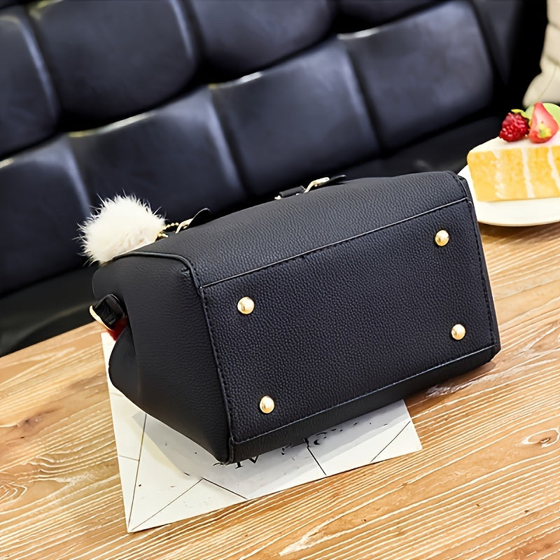 Black PU Handbag with Gold Hardware and Ball Charm for Women Crossbody Shoulder Bag for Travel Casual Use