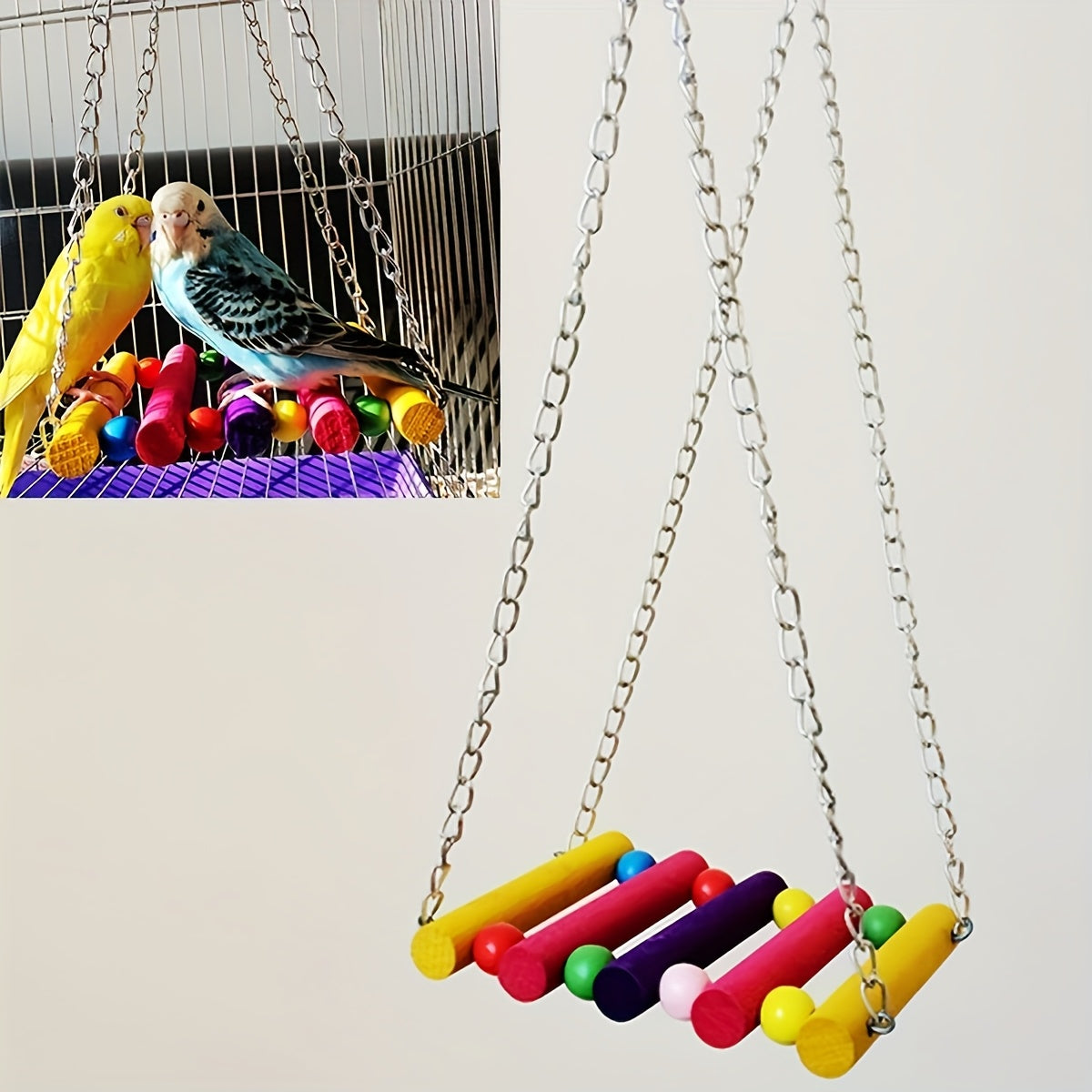 Colorful Wooden Bird Swing Toy with Perch Ladder and Chew Plaything for Parrots