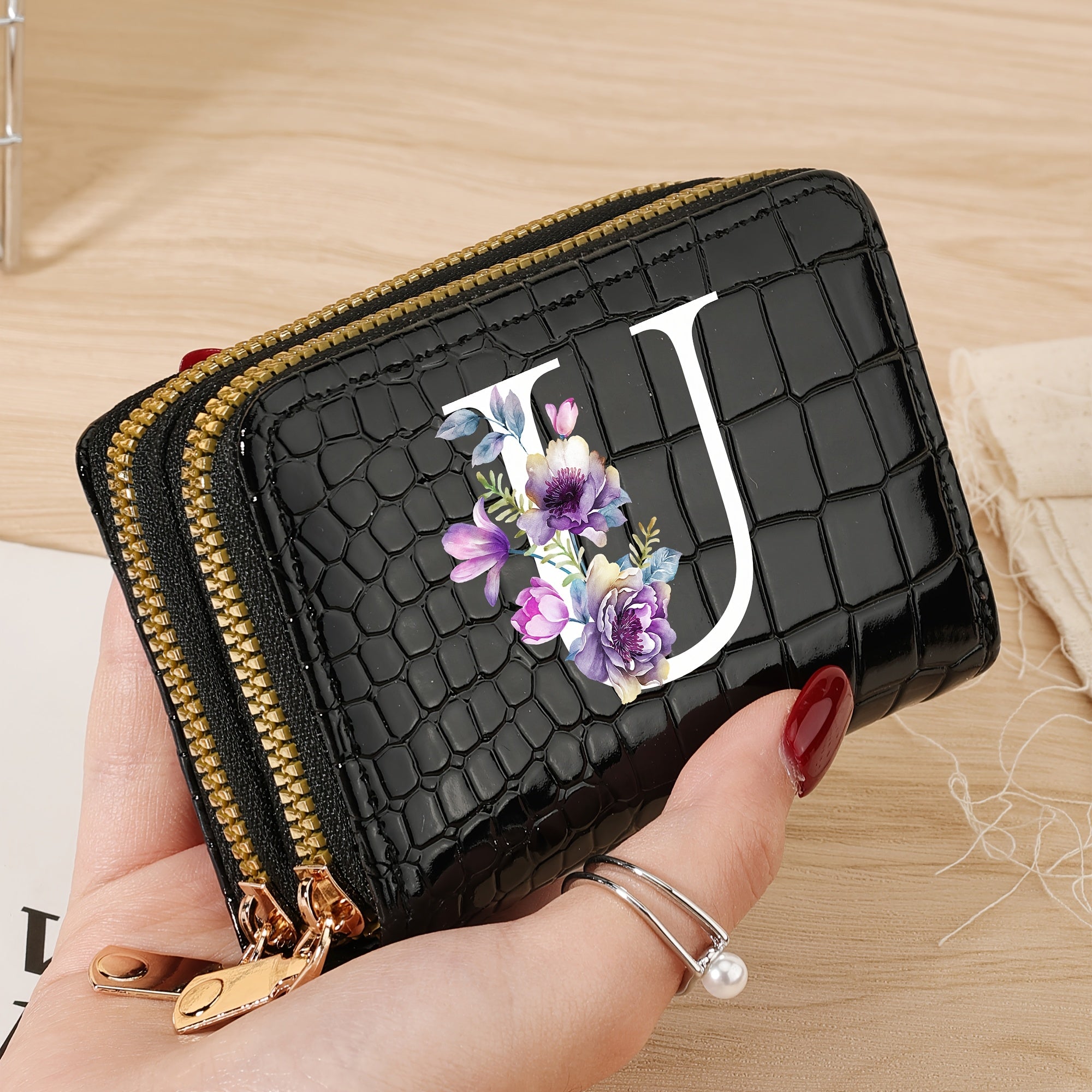 Minimalist Floral Credit Card Holder with Zipper Coin Purse for School and Back-to-School Supplies