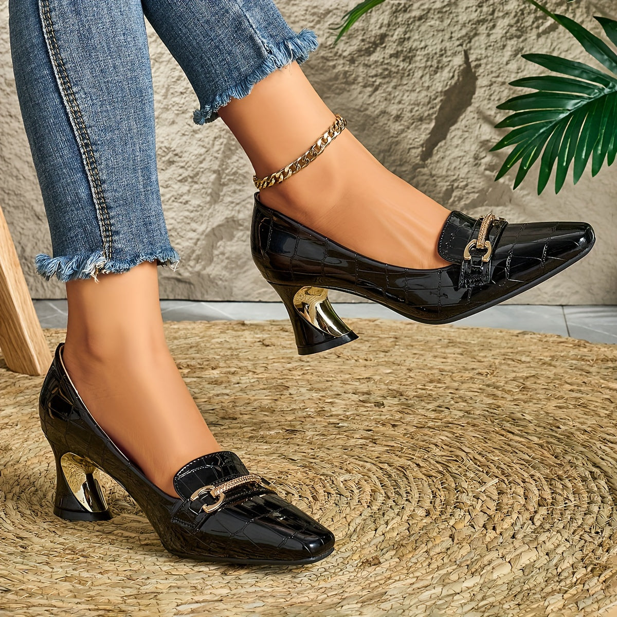 Women'S Square Toe High Heels Synthetic Embossed Gold Buckle