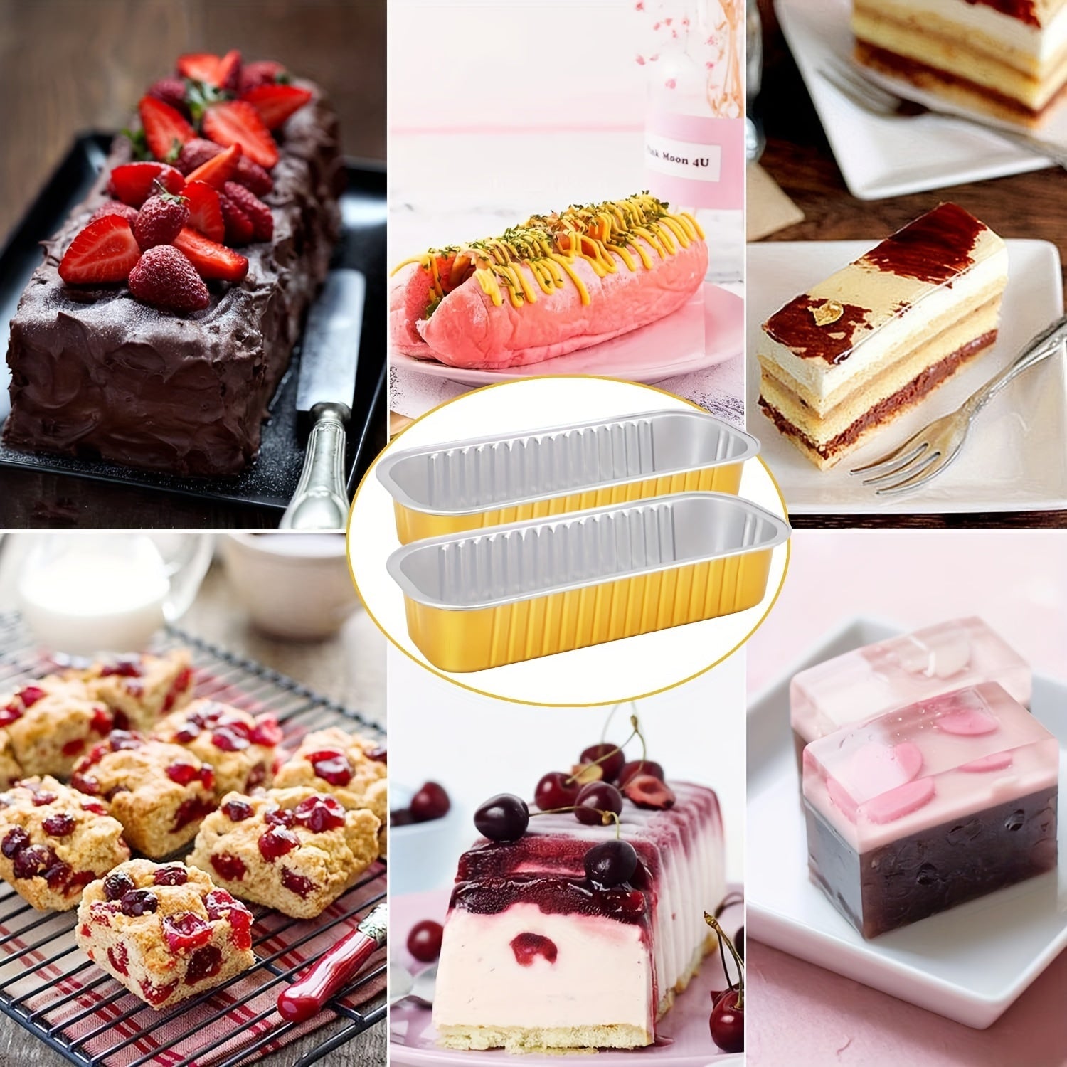 Set of 10 Aluminum Foil Mini Loaf Pans with Transparent Lids for Baking Cakes and Cupcakes in Black Pink and Gold