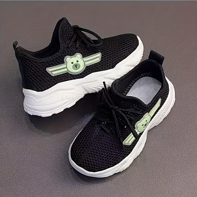 Kids' Pink Knit Sneakers with Cartoon Bear Design Non-Slip Rubber Sole Lace-Up