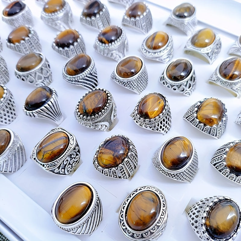 Mijozlar tomonidan eng yaxshi tanlov: 5 ta vintage uslubidagi uzuklar to'plami, tabiiy yo'lbars ko'z toshlari bilan - Sink qotishmasidan tayyorlangan, kundalik va maxsus tadbirlar uchun ideal