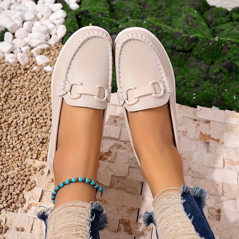 Women's Slip-On Loafers PU Cover Flats with Buckle Non-Slip Casual Shoes