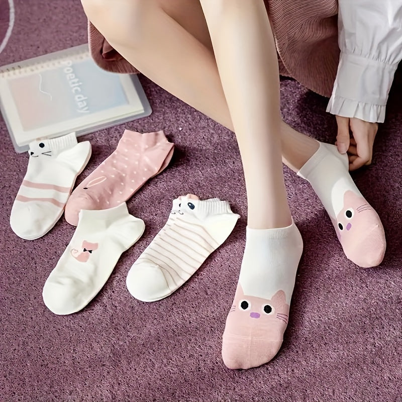 Women’s Ankle Socks 5 Pairs Cartoon Cat Print Soft Comfortable Knit Fabric