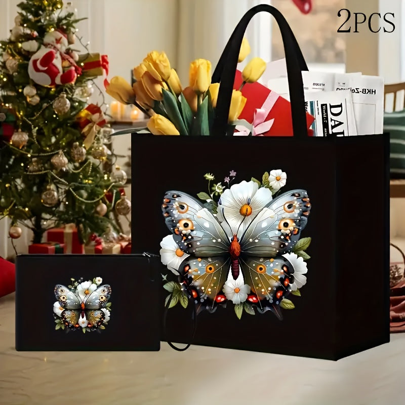 Handbag and Wallet Set with Butterfly and Floral Print Durable Shoulder Strap Magnetic Closure