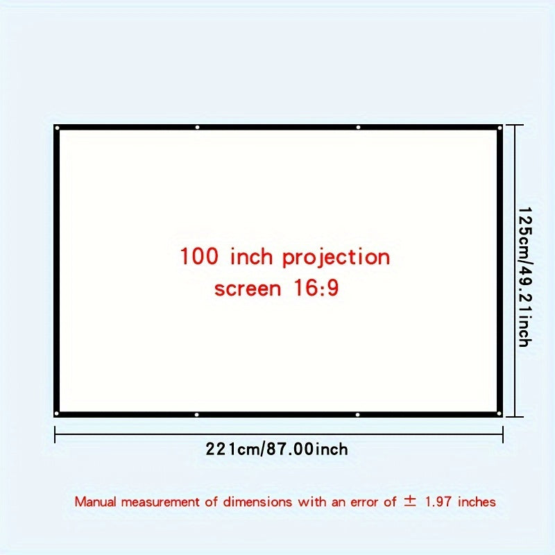 Ichki va tashqi foydalanish uchun mo'ljallangan, qiyshaymaydigan materialdan tayyorlangan portativ 4K HD yig'iladigan proyektor ekrani. 16:9 formatida ikki tomonlama ko'rish, 152.4 sm dan 3.81 gacha bo'lgan o'lchamlarda mavjud.