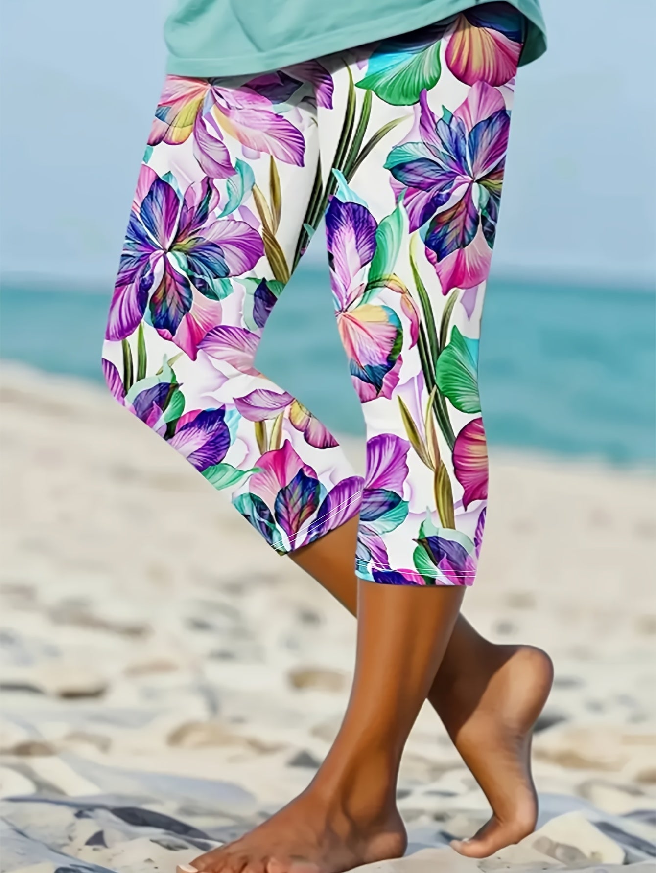 Women's Plus Size Floral Print Capri Leggings Stretchy Yoga Pants