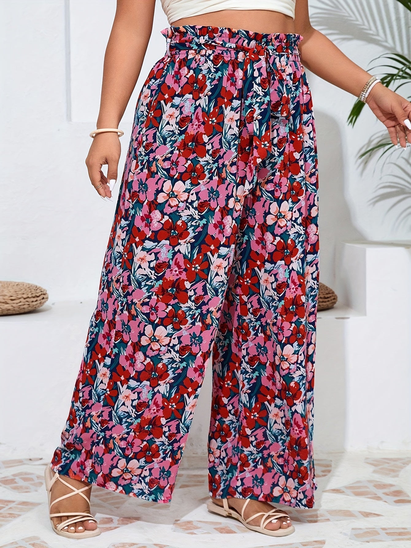 Plus Size Women's Floral Print Wide Leg Pants Casual Relaxed Fit Durable Trousers
