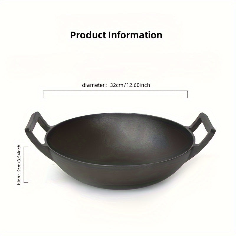 12.60-Inch Uncoated Cast Iron Wok with Wooden Lid Double Handle for Kitchen Use