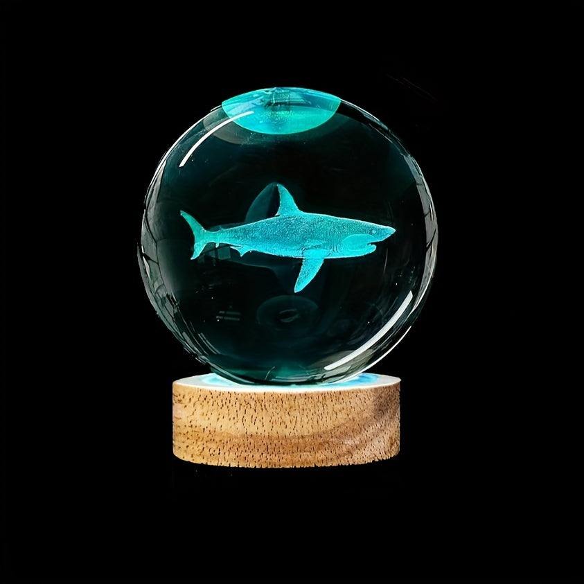3D Shark Crystal Ball Night Light with Wooden LED Base USB Powered Bedroom Decor Gift