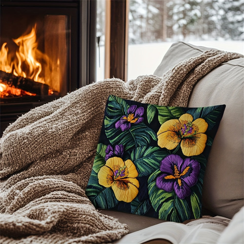 Square Pillow Cover with Tropical Floral Embroidery Polyester Zipper Closure for Home or Office Decor