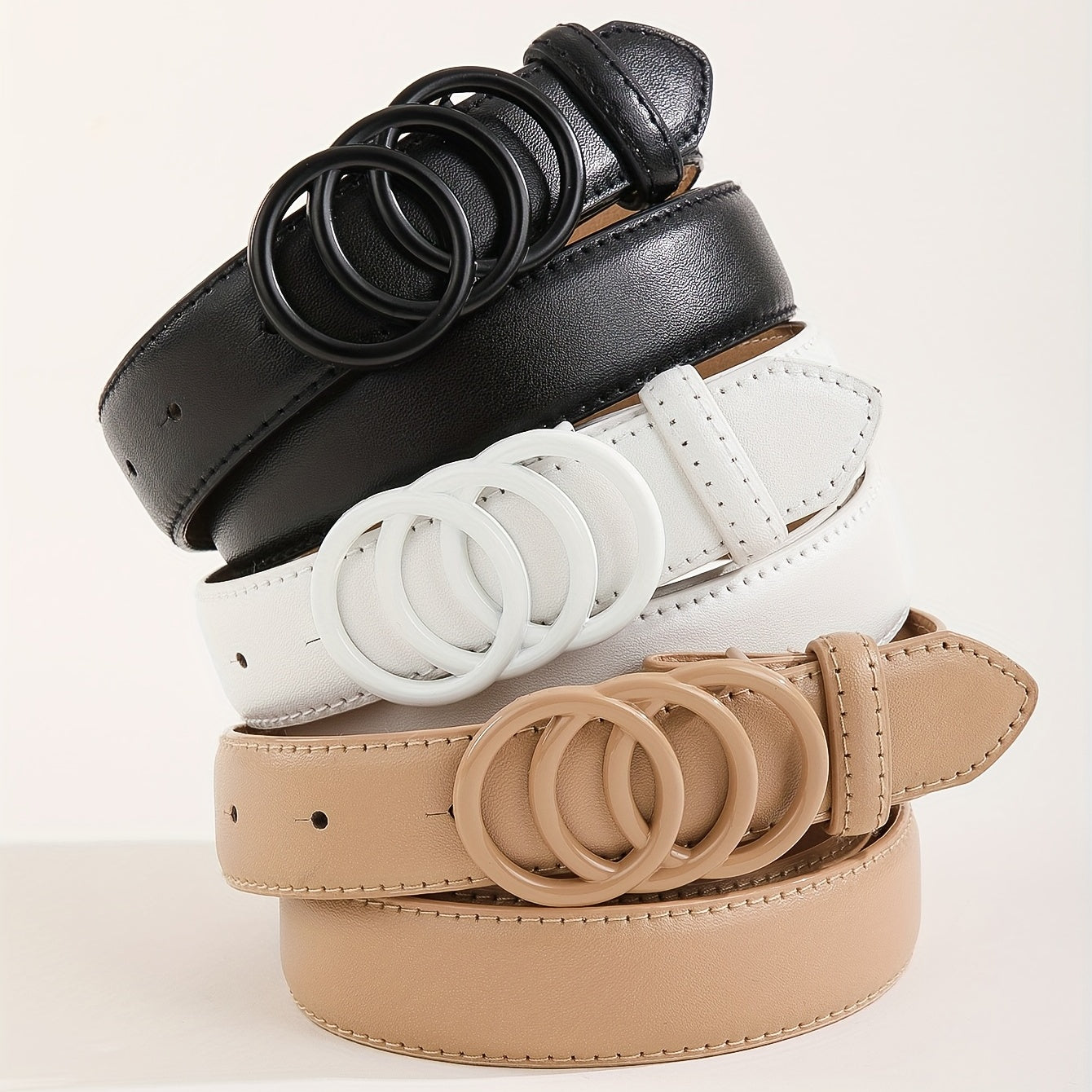 Stylish PU Leather Belt Set of 3 Black White Khaki Multi-Hole Casual Formal