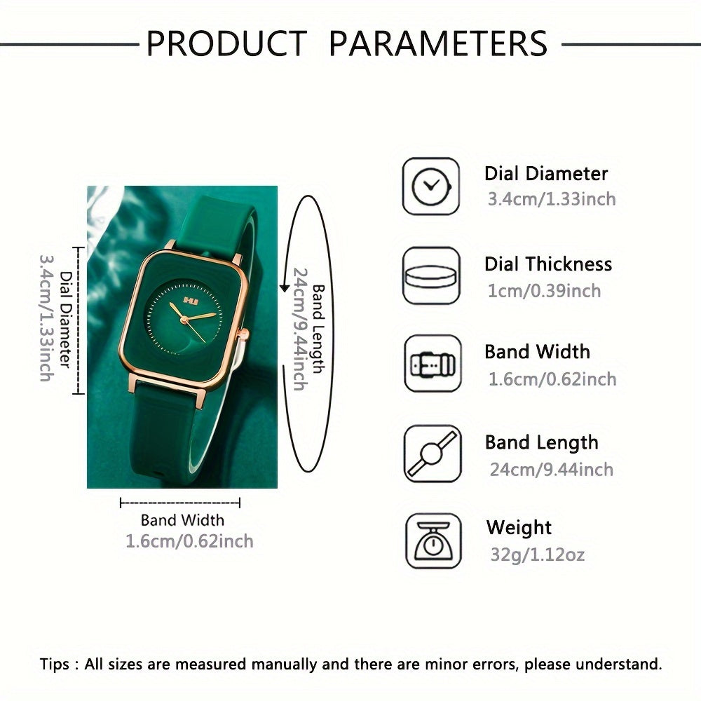 Ayollar uchun kvarts soat kvadrat zink alloy korpusi silikon taxtasi bilan zamonaviy va nafis, qayta zaryad qilinmaydigan batareya