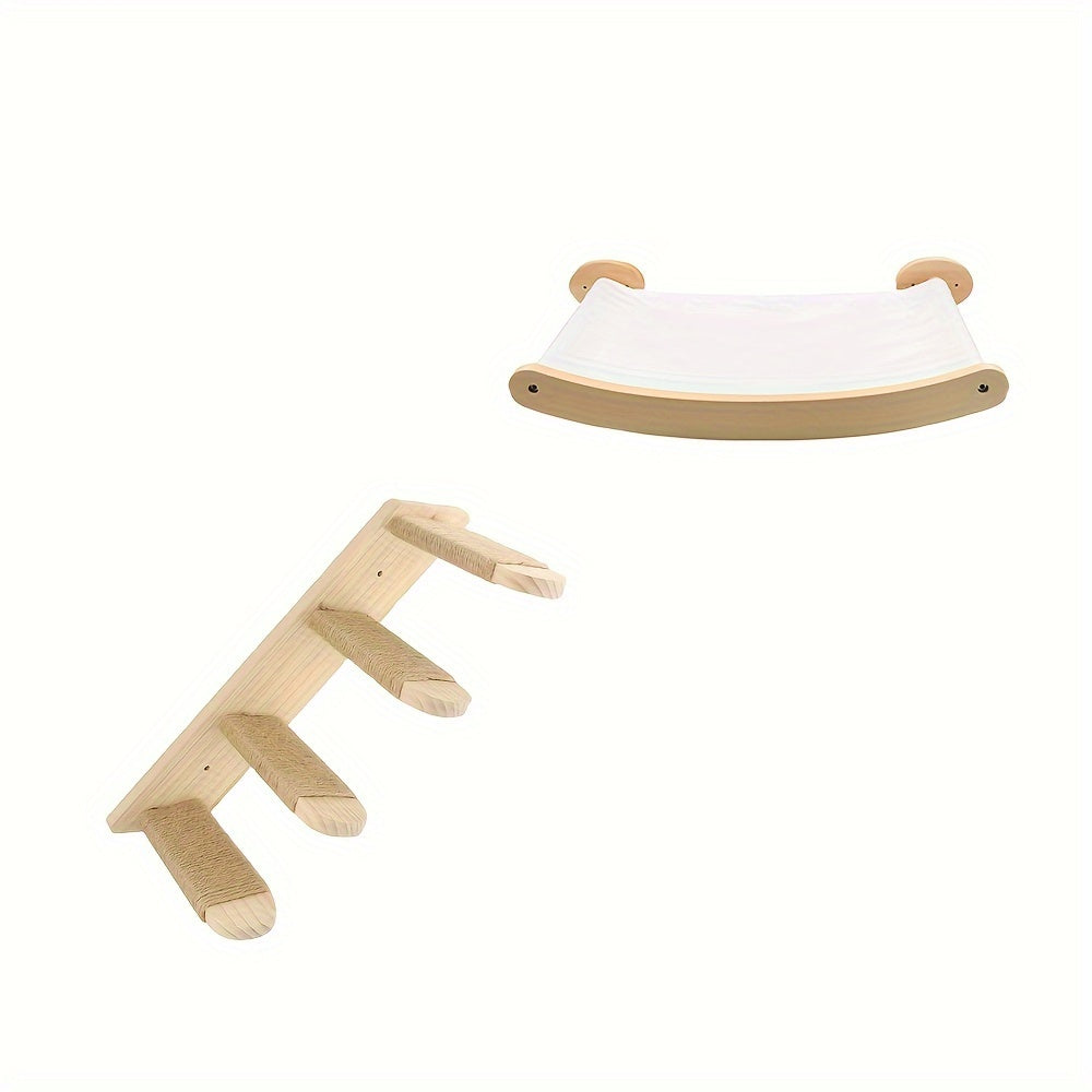 Wall-Mounted Cat Hammock with Climbing Ladder Made of Natural Wood