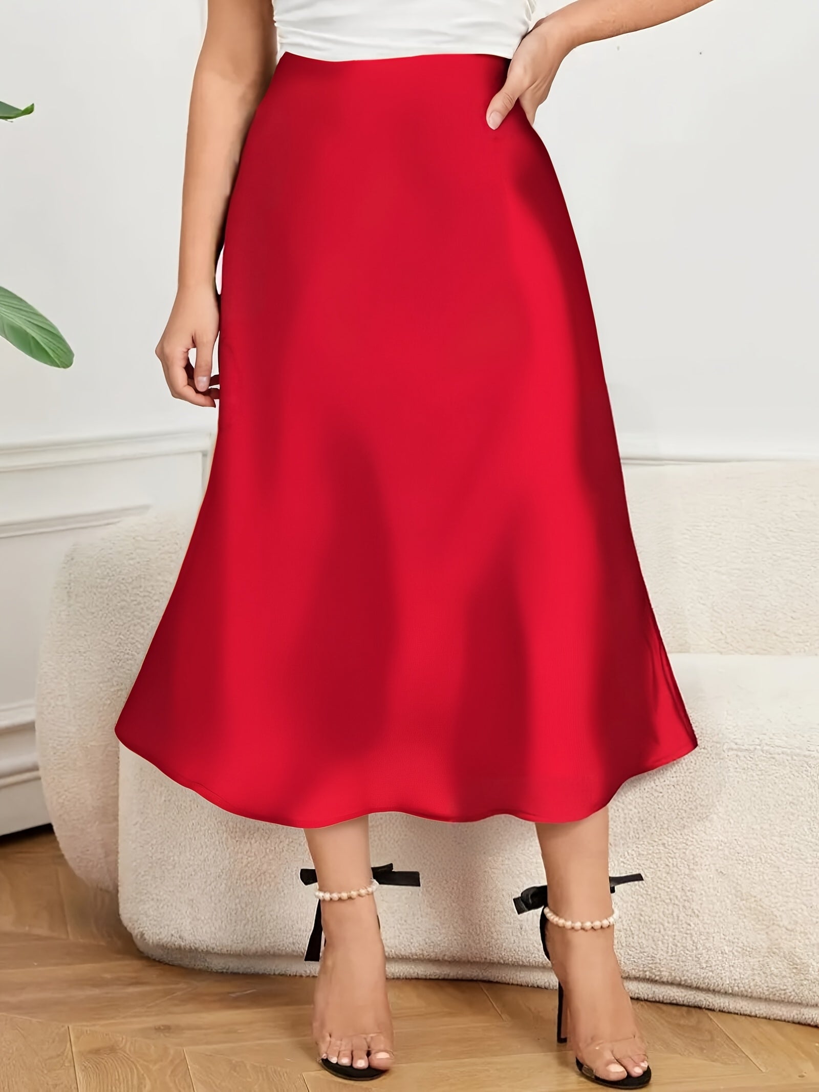 Plus Size Women's Satin Mermaid Skirt Mid-Length Non-Stretch Solid Color