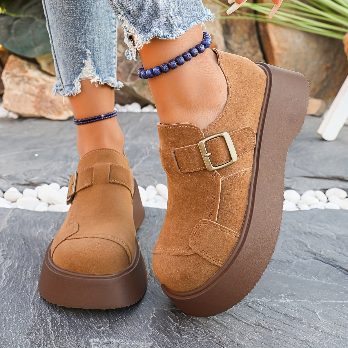 Women's Retro Leather Loafers with Metal Buckle Strap and Thick Sole