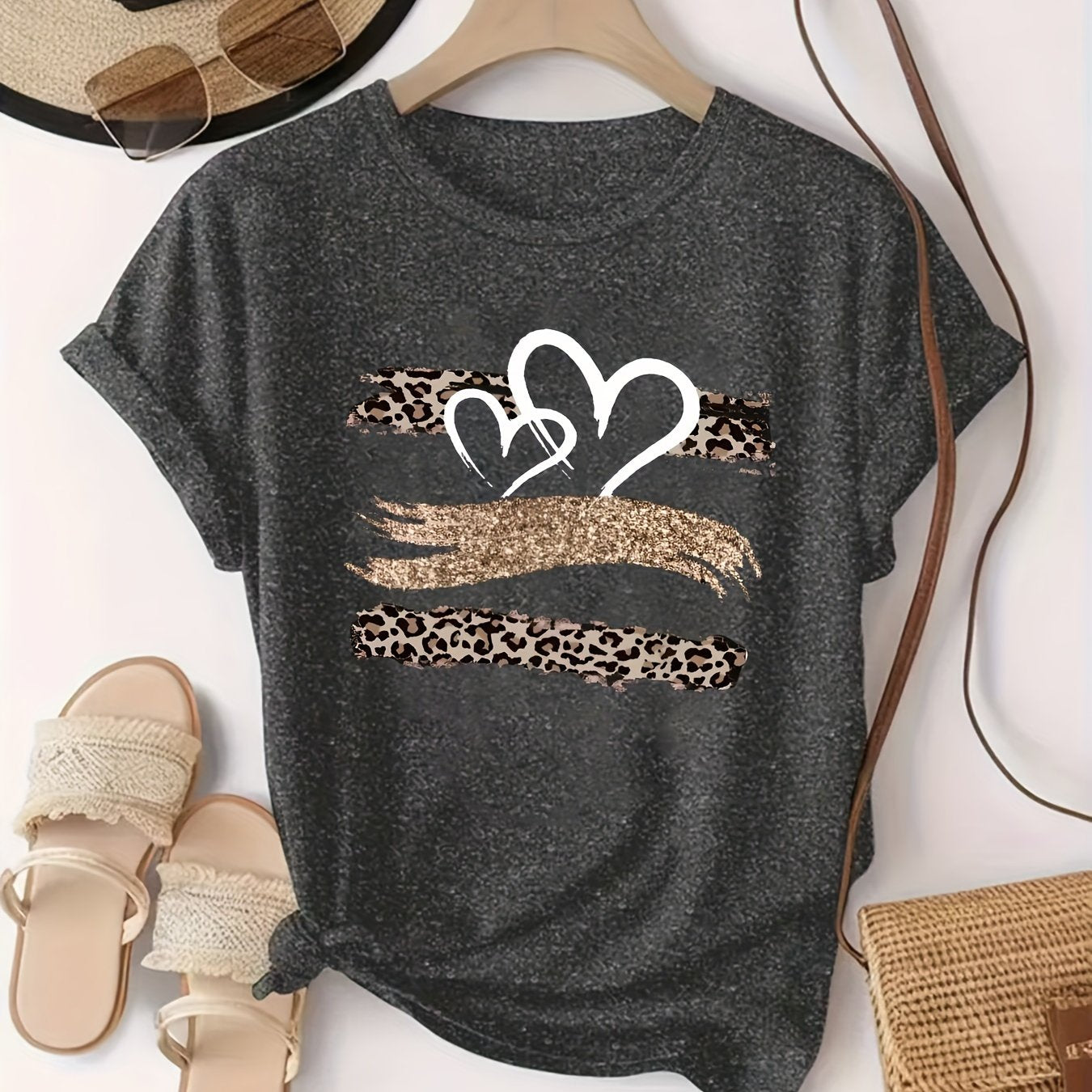 Women's Plus Size Heart Print T-Shirt Casual Short Sleeve Clothing