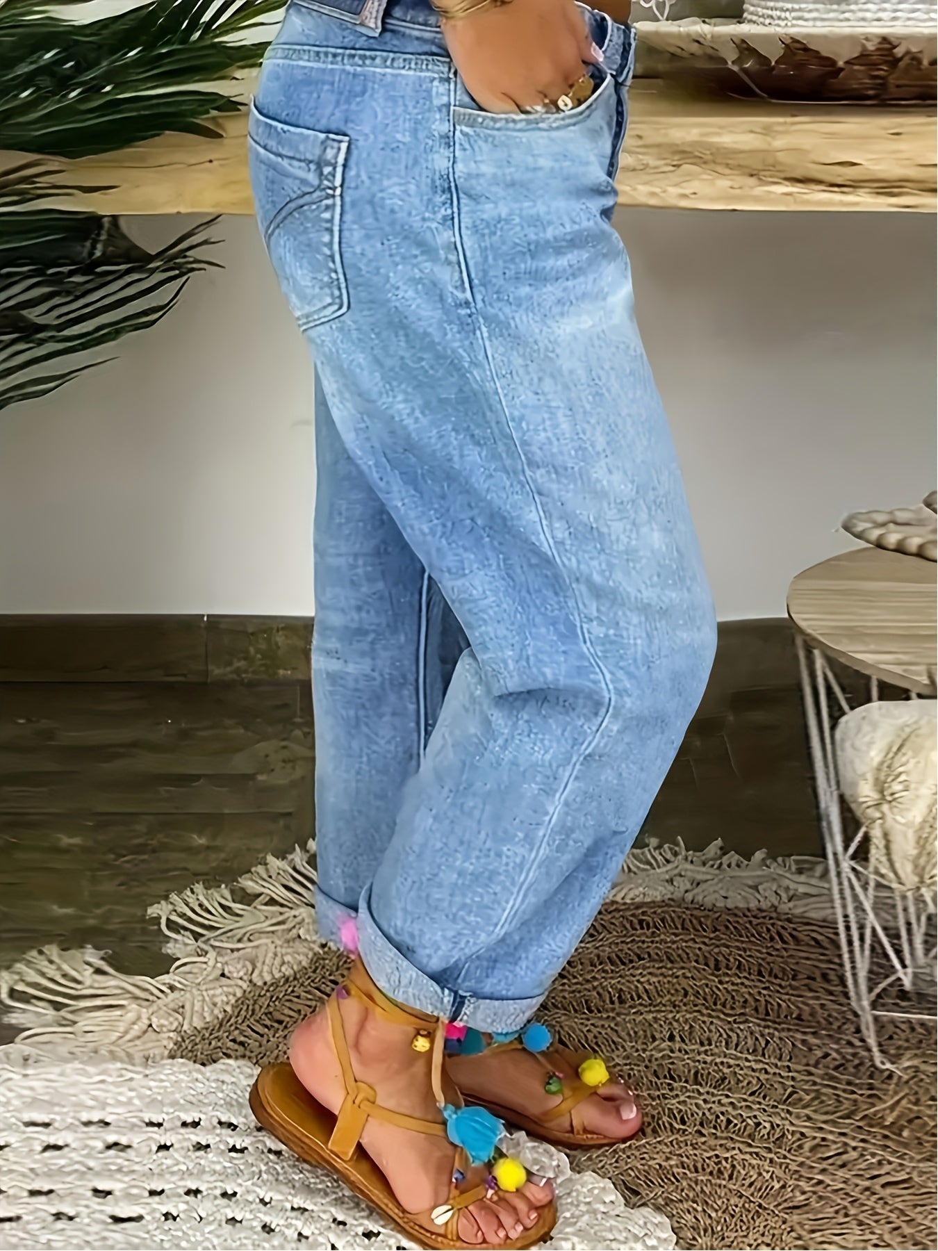 Plus o'lcham ayollar uchun kengaytirilgan denim to'g'ri chiziqli jinsi ko'k rangli kundalik shimlar