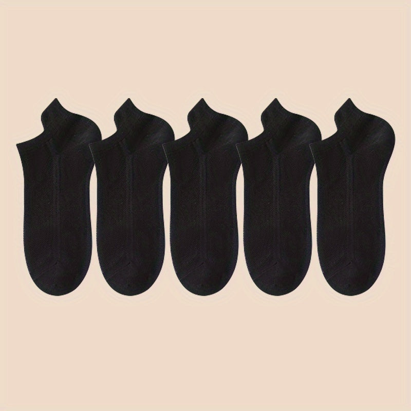 Men's Breathable Mesh Ankle Socks Summer Lightweight Sweat-Absorbent Solid Colors Polyester Blend Pack of 5