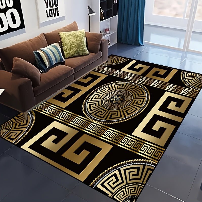 Gold Lettering Swirling Disc Pattern Rug Plush Anti-Skid Easy-Care Polyester Mat for Living Room Bedroom Outdoor