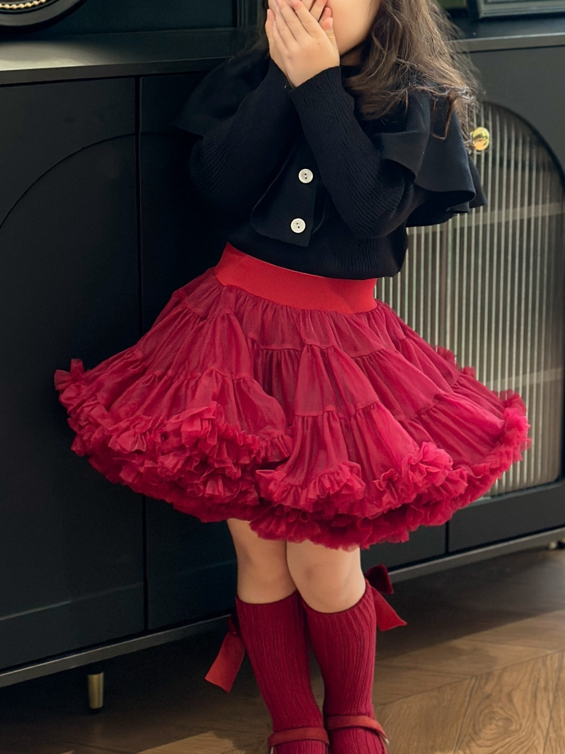 Girls' Princess Skirt in Wine Red Baroque Style with Tulle Overlay for All Seasons