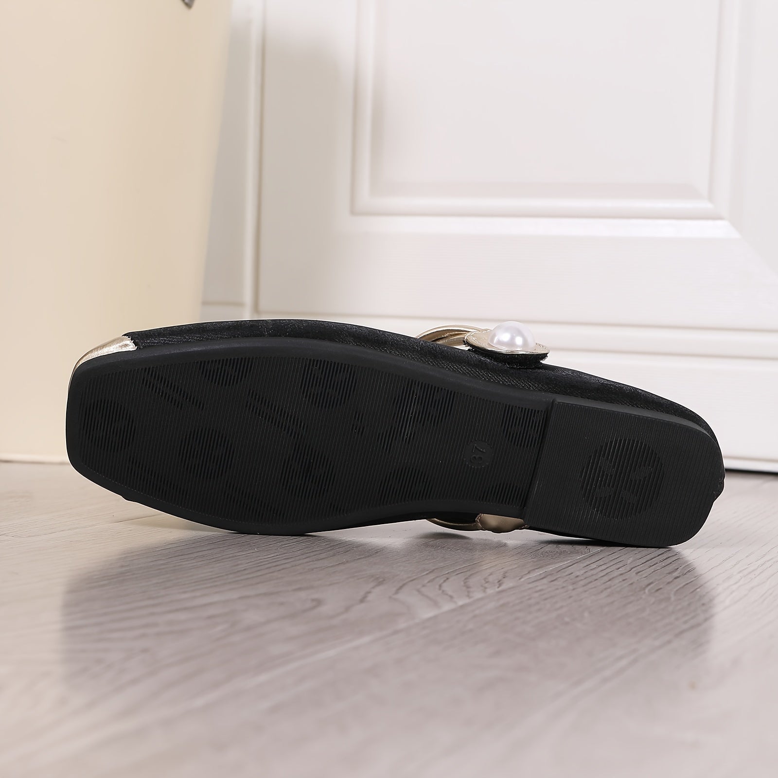 Zapatos planos para mujer elegantes con punta cuadrada, correa en el tobillo, perlas falsas, cristales, ligeros, para todas las estaciones