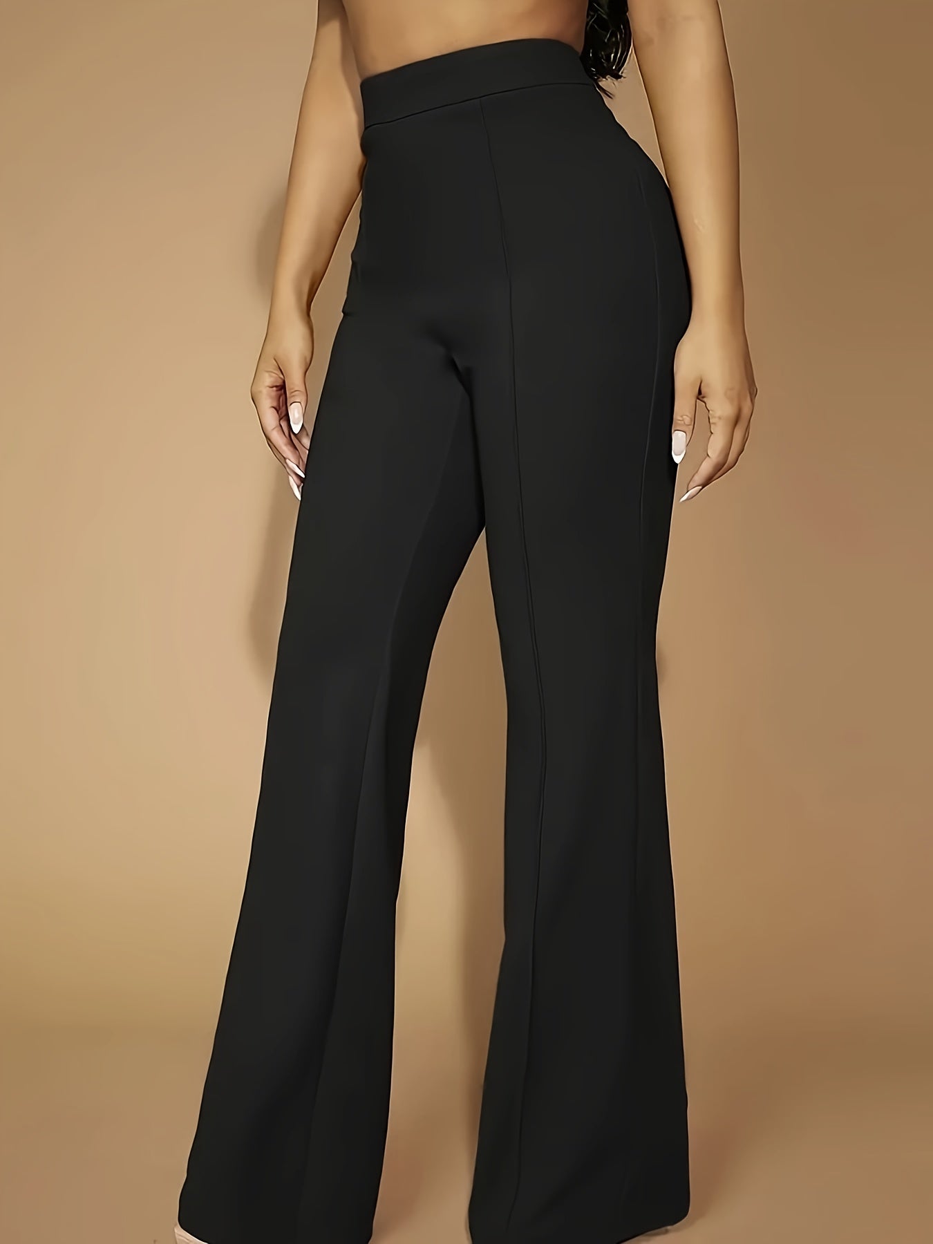 Pantalones rectos de tiro alto para mujer de color sólido con elastano, de poliéster, para todas las estaciones, talla plus