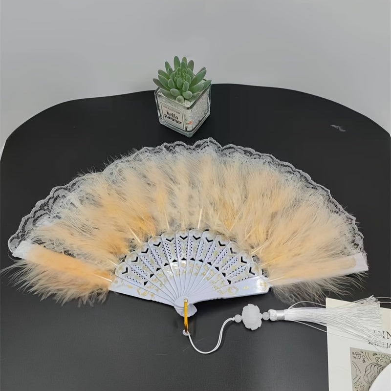 Handcrafted Feather Fan with Lace Edge and Jade Accent for Performances
