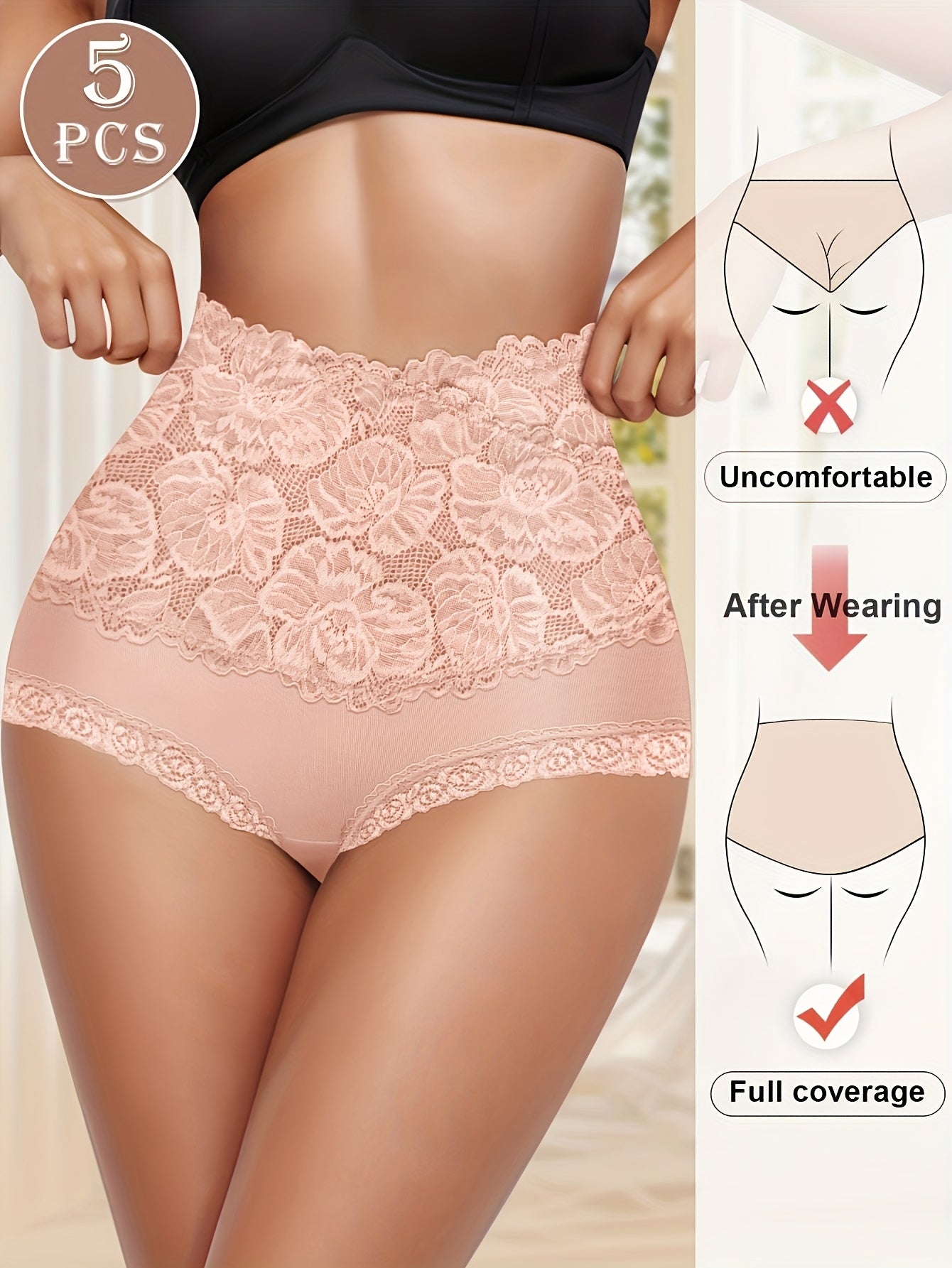Plus-Size High-Waist Tummy Control Panties with Lace Trim and Butt Lift 5 Pack