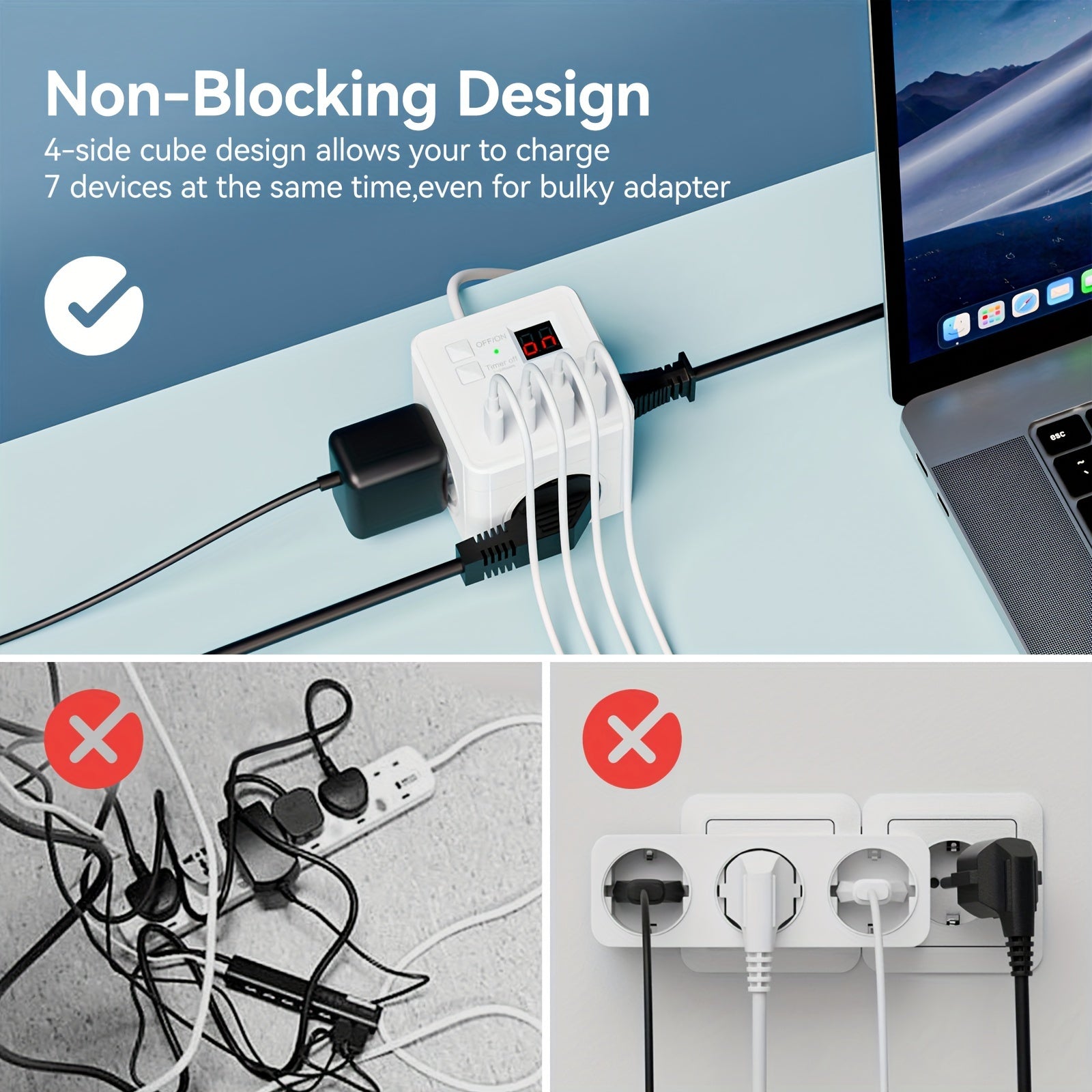 7 ta chiqishi, 2 ta USB porti va 2 ta Type-C zaryadlash stantsiyasi bilan Cube Power Strip