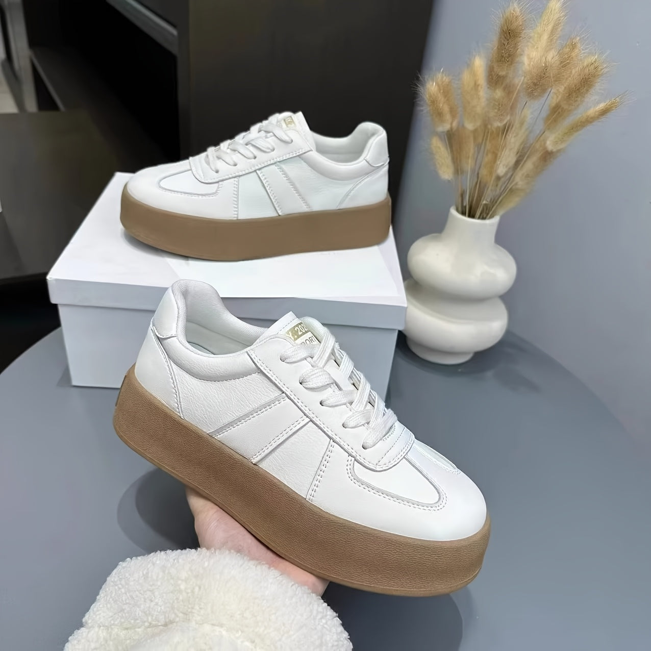 Women's Chunky Platform Sneakers White Brown Casual Lace-Up Shoes