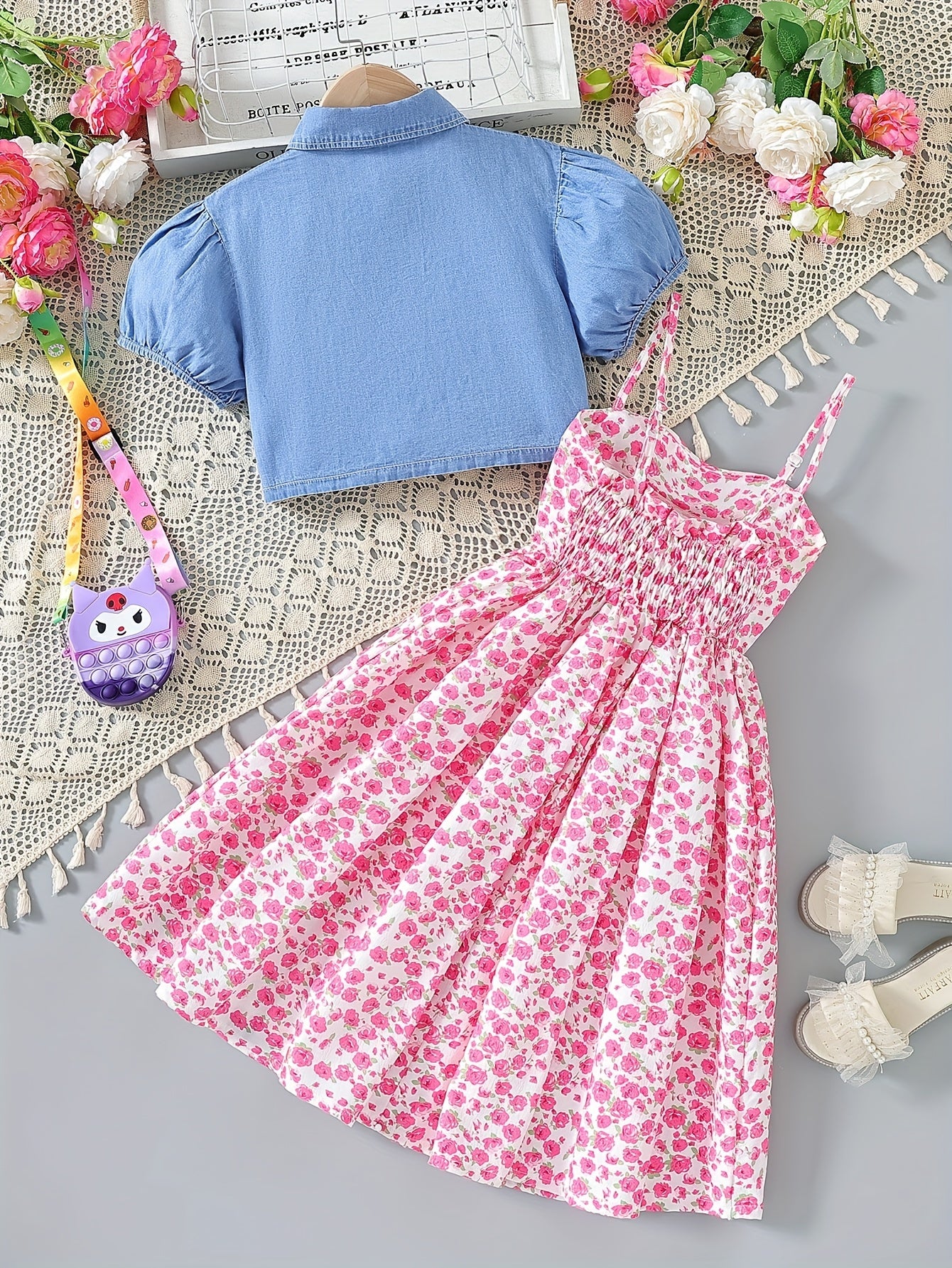 Girls' 2-Piece Denim Top and Floral Cami Dress Set for Girls Summer Outdoor