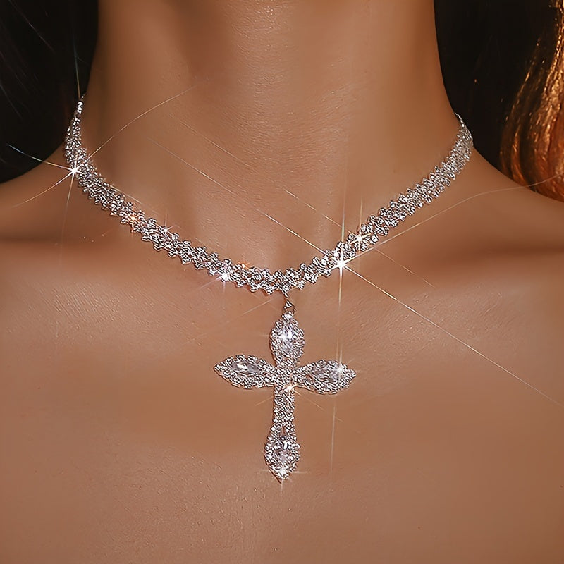 Women's Silver Rhinestone Cross Pendant Necklace Religious Jewelry