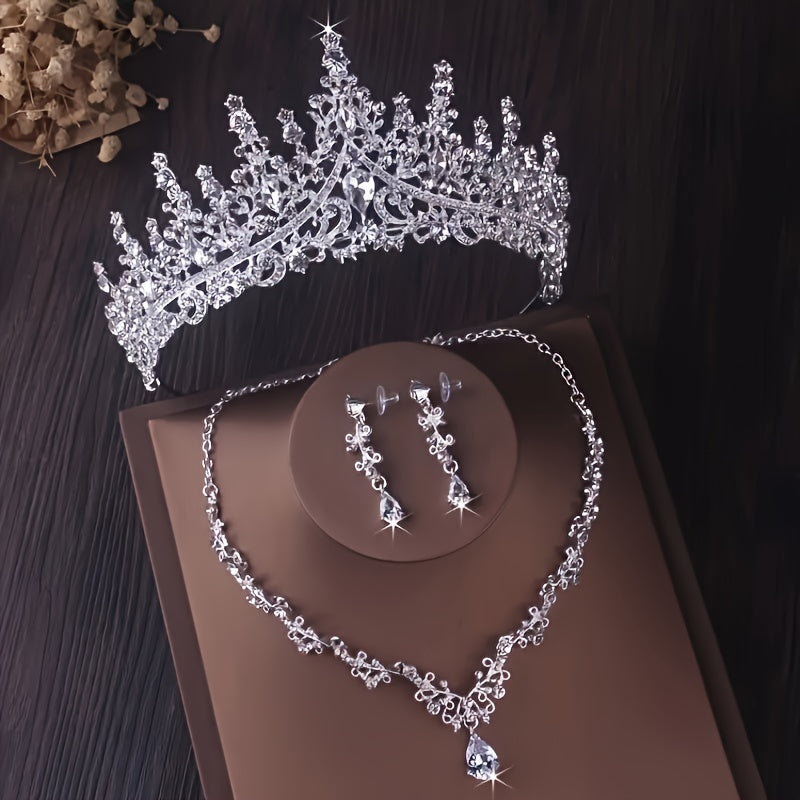 Bridal Jewelry Set Rhinestone Crown Necklace Earrings Wedding Accessories Alloy for Women