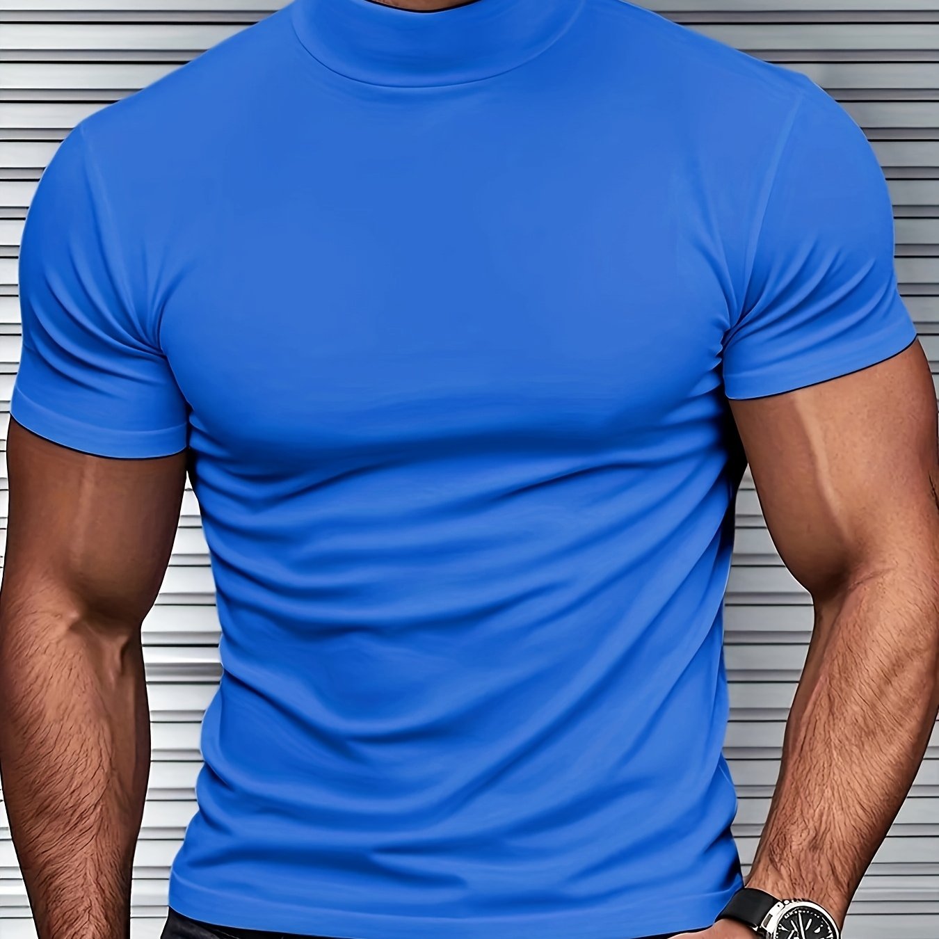 Men's Slim Fit Short Sleeve T-Shirt with Stand Collar Breathable Polyester Spandex for Gym and Outdoor Activities