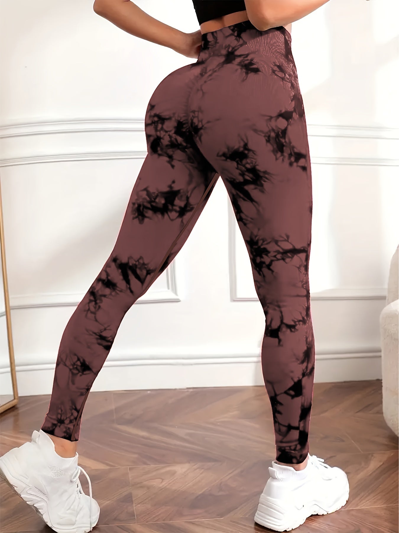 Women's High-Waist Peach Tie-Dye Yoga Leggings Seamless Breathable Nylon Elastane