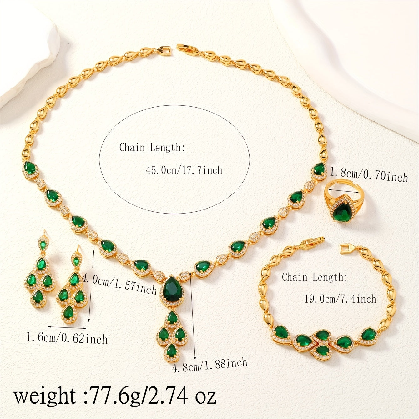 Women's Middle Eastern Jewelry Set with Green Water Drop Cubic Zirconia Necklace Bracelet Ring Earrings