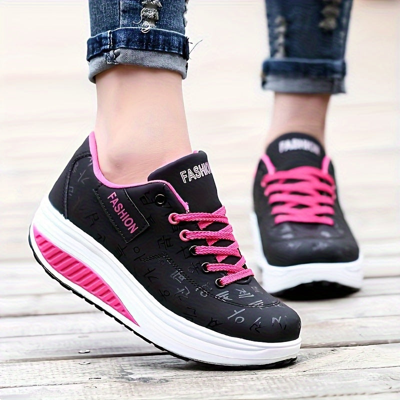 Women's Platform Sneakers Breathable Synthetic Low-Top Casual Shoes Black Pink