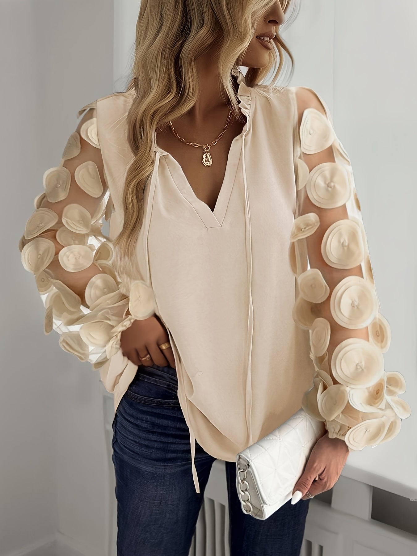 Women's Embellished Mesh Pullover Top with Notched Collar Lantern Sleeves for Night Out or Vacation